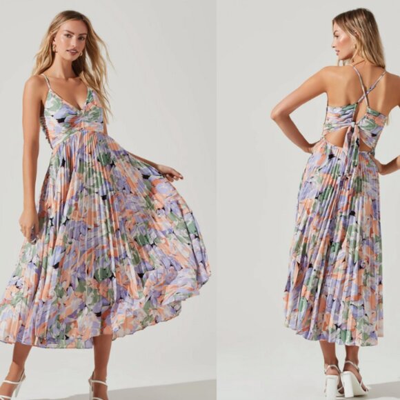 Astr the Label - Blythe Floral Plisse Midi Dress - Coral Multi Large - Picture 1 of 1